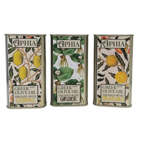 Lemon, Orange and GInger infused olive oil in silver tins with colourful labels