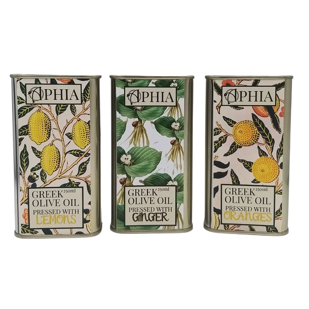 Lemon, Orange and GInger infused olive oil in silver tins with colourful labels